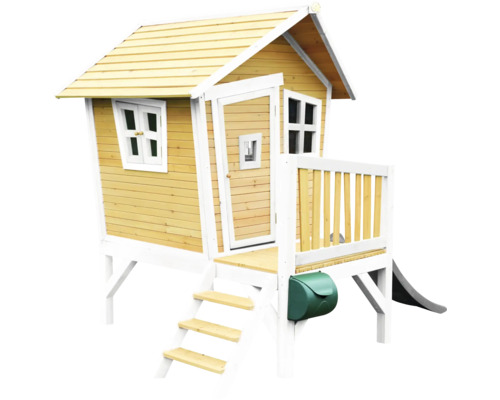 Cabane de jeux en bois avec toboggan, boîte aux lettres, fenêtres et porte