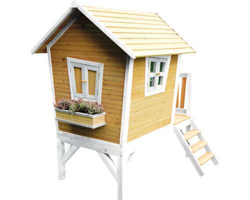 Cabane de jeux en bois avec fenêtres, jardinière et escalier
