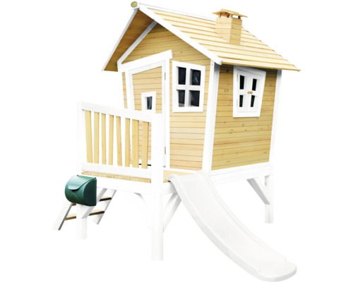 Cabane de jeux sur pilotis axi Robin 264 x 177 cm bois marron avec toboggan blanc Maisonnette en bois avec toboggan, fenêtres et boîte aux lettres pour enfants