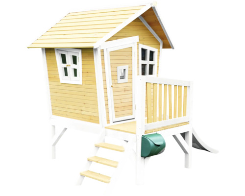 Maisonnette en bois avec véranda, toboggan et boîte aux lettres