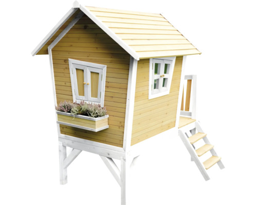 Cabane de jeu en bois avec fenêtres, jardinière et escalier