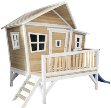 Maisonnette en bois avec toboggan, escalier et balustrade