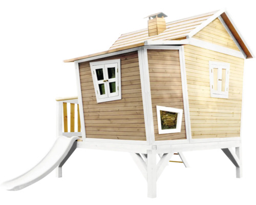 Holzspielhaus mit Rutsche, Fenstern und Schornstein