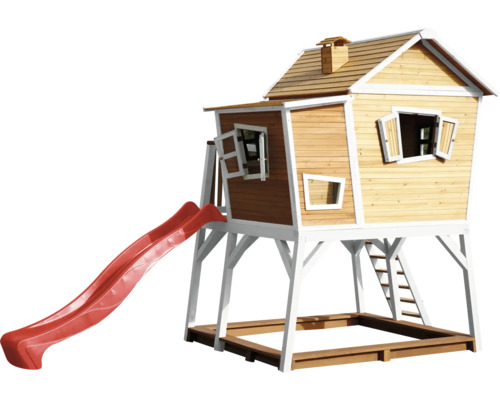 Cabane de jeu en bois avec toboggan et bac à sable