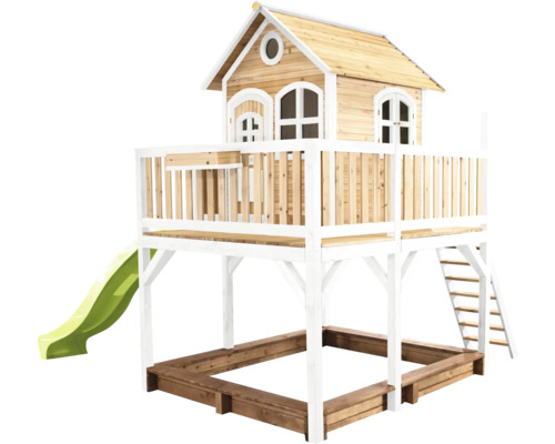 Spielhaus mit Stelzen axi Liam 377 x 255 cm Holz braun inkl. grüne Rutsche Spielhaus aus Holz mit Rutsche und Sandkasten