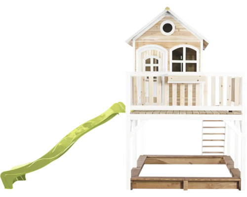 Spielhaus mit Rutsche und Sandkasten aus Holz