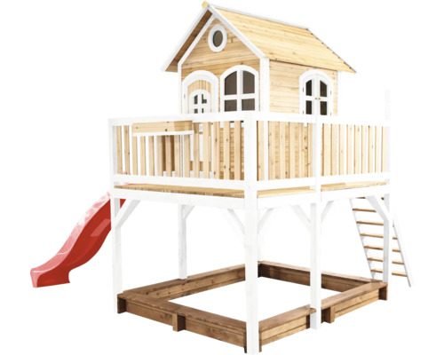 Cabane de jeux sur pilotis axi Liam 377 x 255 cm bois marron avec toboggan rouge Cabane de jeu avec toboggan et bac à sable en bois