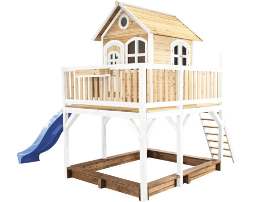 Spielhaus mit Stelzen axi Liam 377 x 255 cm Holz braun inkl. blaue Rutsche Spielhaus mit Rutsche und Sandkasten für den Garten