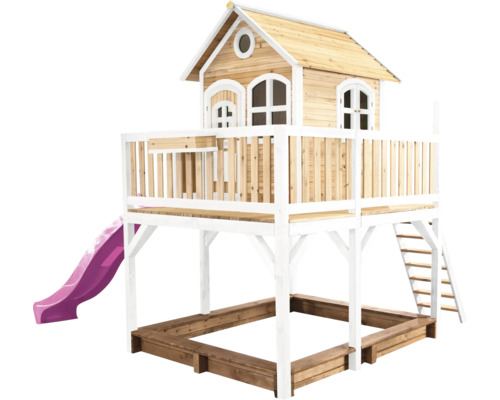 Cabane de jeux sur pilotis axi Liam 377 x 255 cm bois brun composée d'un toboggan rose Cabane de jeux sur pilotis axi Liam 377 x 255 cm bois brun composée d'un toboggan rose