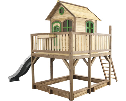 Spielhaus mit Stelzen axi Liam 377 x 255 cm Holz braun inkl. Rutsche grau