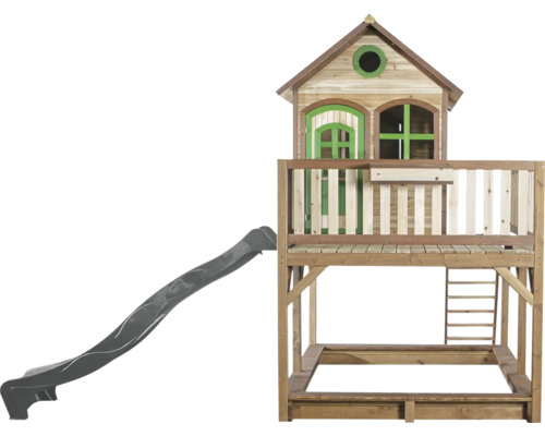 Holzspielhaus mit Rutsche und Sandkasten