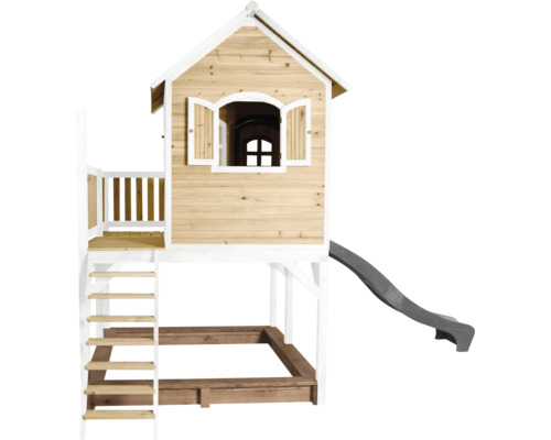 Cabane de jeux sur pilotis axi Liam 377 x 255 cm bois brun composée d'un toboggan gris Cabane de jeux sur pilotis axi Liam 377 x 255 cm bois brun composée d'un toboggan gris