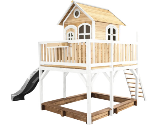 Maisonnette avec toboggan, bac à sable et échelle en bois