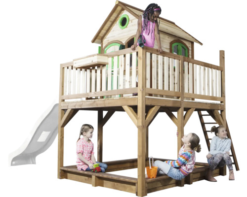 Cabane de jeux sur pilotis axi Liam 377 x 255 cm bois brun avec toboggan blanc Maisonnette en bois avec toboggan, bac à sable et échelle pour enfants dans le jardin