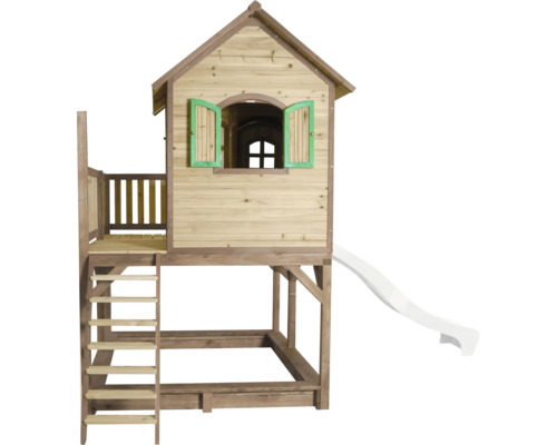 Spielhaus aus Holz mit Rutsche und Sandkasten