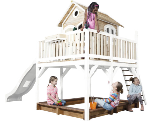 Spielhaus mit Stelzen axi Liam 377 x 255 cm Holz braun inkl. weiße Rutsche Spielhaus mit Rutsche, Sandkasten und Leiter für Kinder