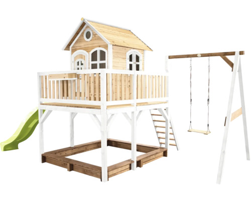 Spielhaus mit Stelzen axi Liam 541 x 277 cm Holz braun inkl. grüne Schaukel Spielplatz mit Spielhaus, Rutsche, Sandkasten und Schaukel aus Holz