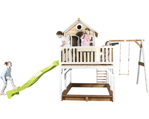 Maisonnette avec toboggan, balançoire et bac à sable pour enfants