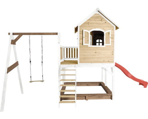 Tour de jeux avec balançoire, toboggan et bac à sable en bois