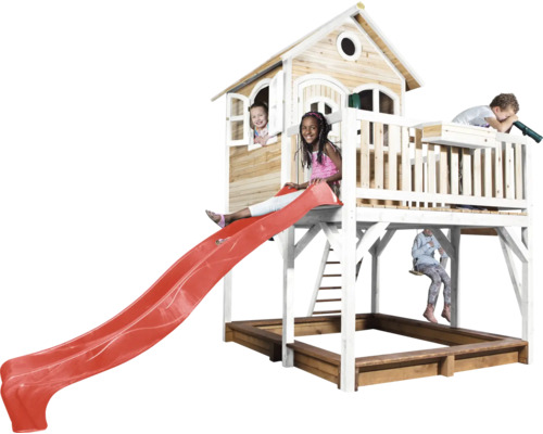 Cabane de jeu avec toboggan, bac à sable, balançoire et enfants