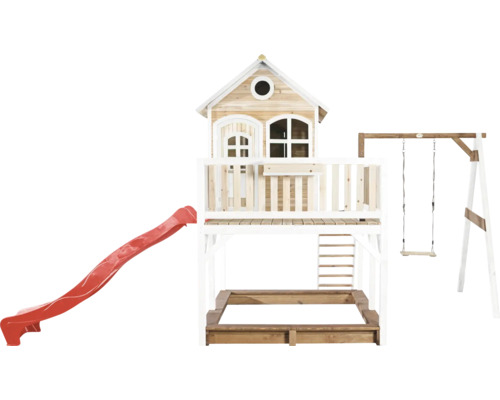 Maisonnette avec toboggan, balançoire et bac à sable en bois