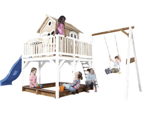 Spielhaus mit Stelzen axi Liam 541 x 277 cm Holz braun inkl. blaue Schaukel Spielplatz mit Spielhaus, Rutsche, Schaukel und Sandkasten für Kinder