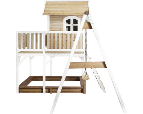 Spielturm mit Schaukel, Sandkasten und Spielhaus aus Holz