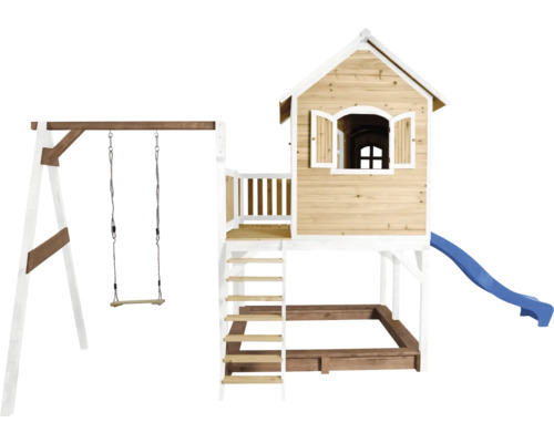 Spielanlage aus Holz mit Schaukel, Spielhaus, Rutsche und Sandkasten