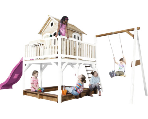 Aire de jeux pour enfants avec cabane, toboggan, bac à sable et balançoire pour enfants