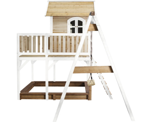 Maisonnette avec balançoire, bac à sable et échelle