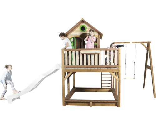 Holzspielhaus mit Rutsche und Schaukel für den Garten