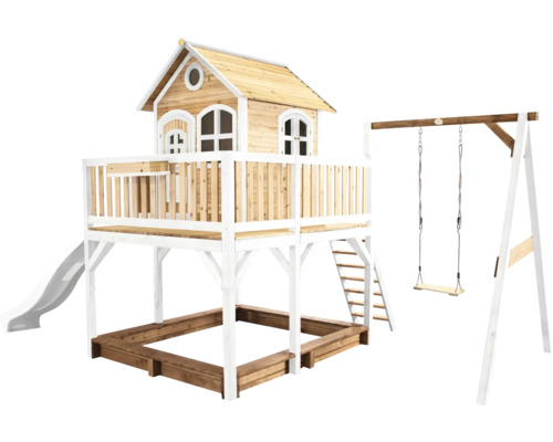 Spielhaus mit Stelzen axi Liam 541 x 277 cm Holz braun inkl. graue Schaukel Spielhaus mit Rutsche, Sandkasten und Schaukel für den Garten