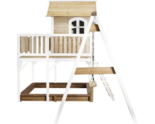 Maisonnette avec balançoire, bac à sable et échelle en bois