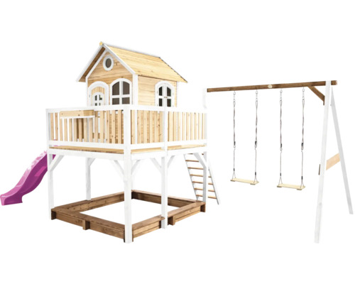 Spielhaus mit Stelzen axi Liam 613 x 277 cm Holz braun bestehend aus Schaukel Holzspielhaus mit Rutsche, Sandkasten und Schaukel