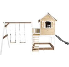 Aire de jeux en bois avec balançoire, cabane, bac à sable et toboggan