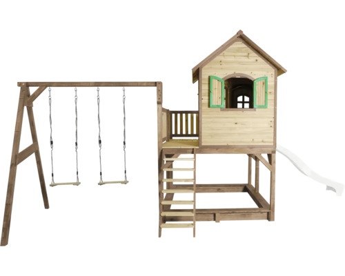 Spielhaus mit Schaukel und Rutsche aus Holz