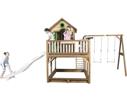 Spielturm aus Holz mit Rutsche und Schaukel für Kinder