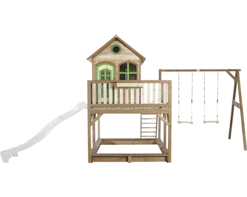 Spielturm mit Rutsche und Schaukel aus Holz für den Garten