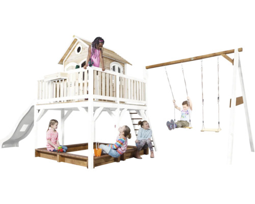 Aire de jeux avec cabane, toboggan, balançoire et bac à sable pour enfants