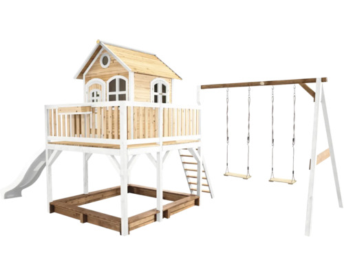 Spielhaus mit Stelzen axi Liam 613 x 277 cm Holz braun bestehend aus Schaukel, Rutsche weiß