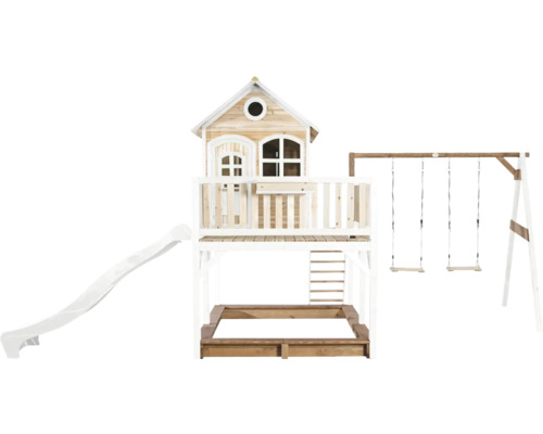 Aire de jeux en bois avec toboggan, balançoire et bac à sable