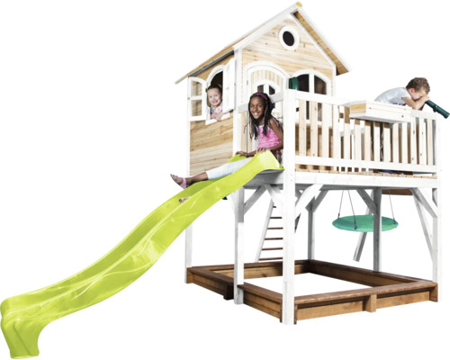 Spielhaus mit Rutsche, Schaukel und Sandkasten für Kinder