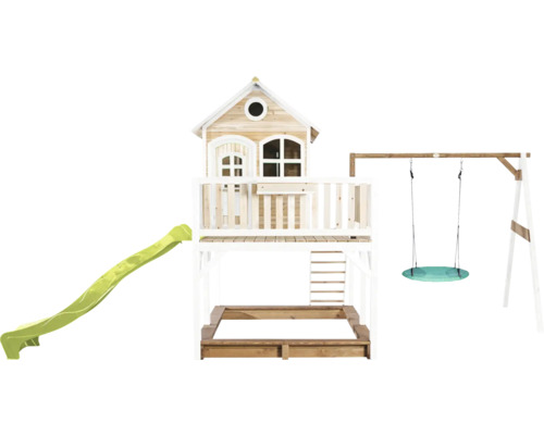 Spielturm mit Rutsche, Schaukel und Sandkasten aus Holz