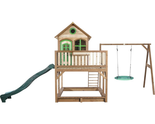 Holzspielhaus mit Rutsche und Schaukel für den Garten