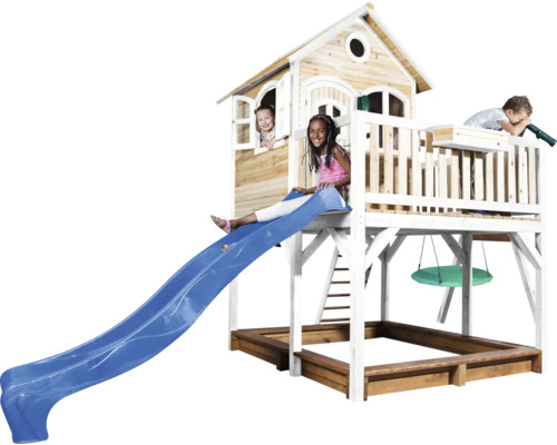 Maisonnette avec toboggan, balançoire et bac à sable pour enfants
