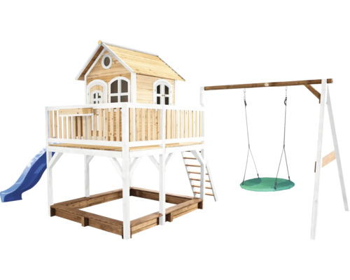 Spielhaus mit Stelzen axi Liam 613 x 277 cm Holz braun inkl. Schaukel blau Spielturm mit Schaukel und Rutsche für den Garten