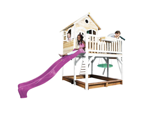 Spielturm aus Holz mit Rutsche und Sandkasten für Kinder
