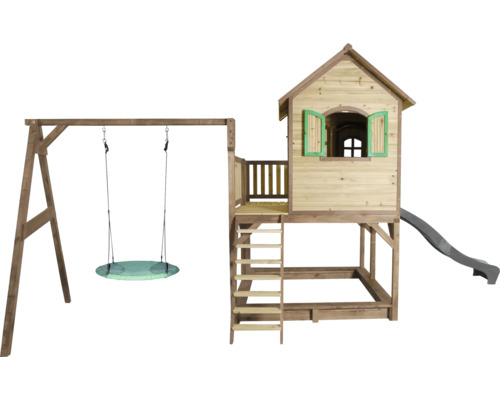 Spielplatz mit Schaukel, Spielhaus, Leiter und Rutsche aus Holz