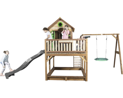 Spielturm aus Holz mit Rutsche, Schaukel und Sandkasten
