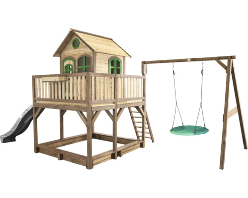 Spielhaus mit Stelzen axi Liam 613 x 277 cm Holz braun inkl. Schaukel, Rutsche dunkelgrau